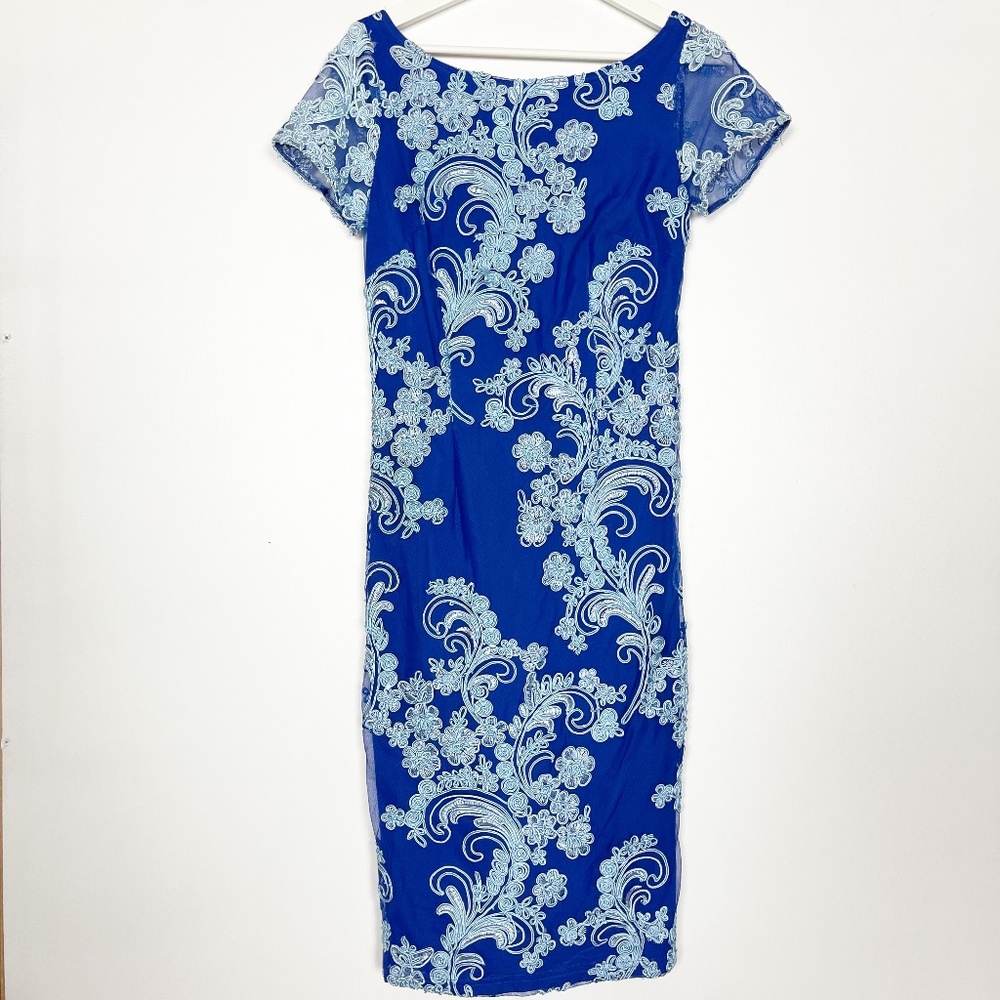 JS Collections Womens Dress Size 4 Blue Sheath Embroidered Lined NEW with Tags